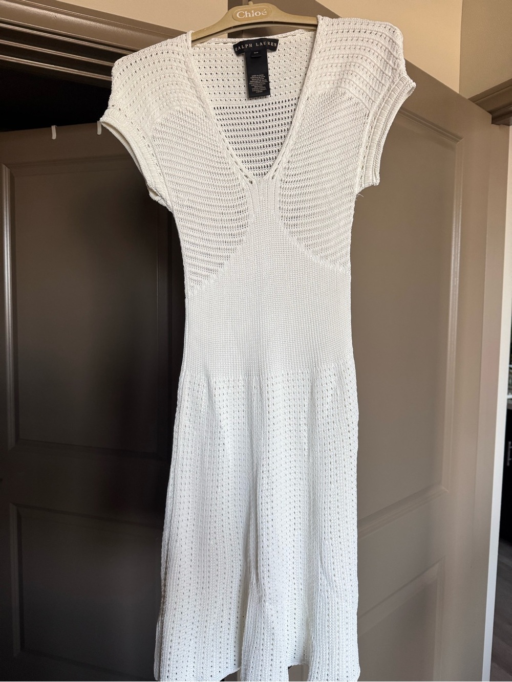 Ralph Lauren White Open‑Knit V‑Neck Short Sleeve Dress